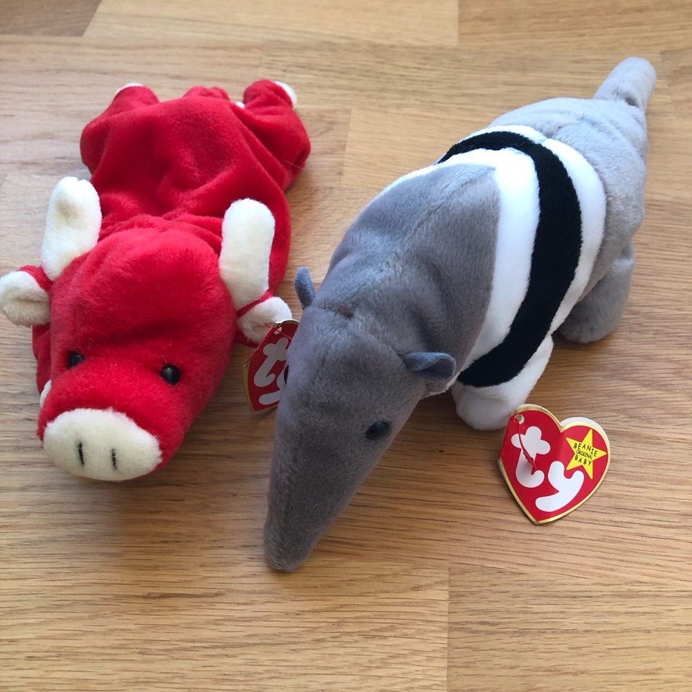 Lot of 2 Vintage TY Beanie Babies - Snort the Red Cow and Ants the Anteater